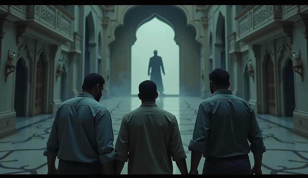 The three man turning back, seeing one of them standing eerily at the mansion’s entrance in the haveli.