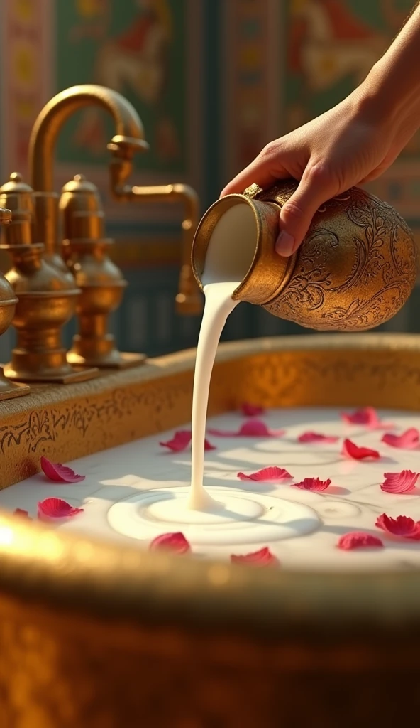 A close-up of Cleopatra’s hands as she pours a jug of donkey’s milk into a golden, intricately carved bathtub. White milk swirls with floating rose petals, and the lighting is soft with warm tones. The scene is set in an opulent Egyptian palace with stone walls decorated with murals of ancient Egyptian gods, evoking a luxurious and historic feel.