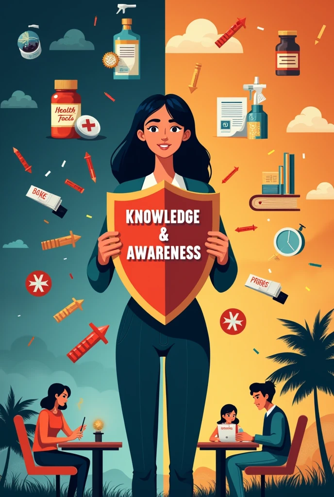 Create a poster or easy drawing showing a Grade 10 beautiful woman student standing in the center, holding a shield labeled 'Knowledge & Awareness,' protecting their family behind them. On the left side, depict the symbols of quackery such as fake medicine bottles, a snake oil bottle, false advertisements, and dark clouds. Arrows from the quackery side are being deflected by the shield. On the right side, show positive actions such as reading a book titled 'Health Facts,' a family member consulting a doctor, and a red cross over fake products. Use dark colors for the quackery side and bright colors for the positive side. At the bottom, include the slogan 'Stay Informed, Stay Safe.
