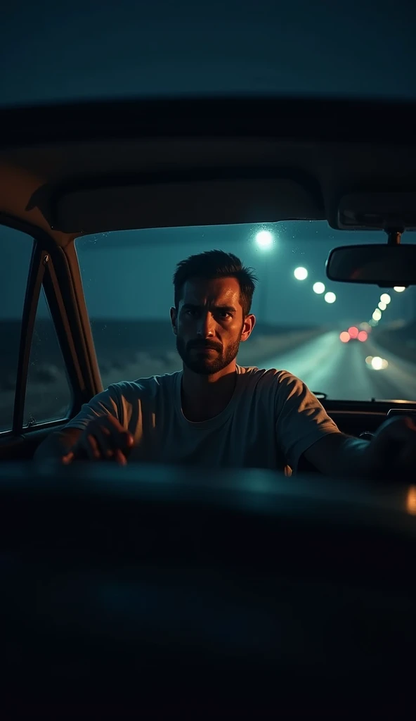 Man sitting in car looking at empty gas tank in the middle of the night. Front angle