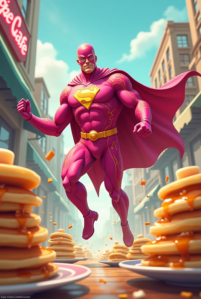 a superhero who loves pancakes in a pink suit is ready to save and cook pancakes with the inscription "crepe cafe" flies to save pancakes pancakes are everywhere