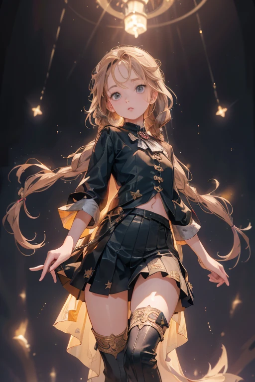 ((best quality)), ((masterpiece)), (detailed), 1girl, (big forhead:1.2),extremely detailed cute anime face, (((flat chest))), (flat chest:1.1),((((long twin braids,tight braids,long braid,braided hair,long hair)))),intricate eyes,beautiful detailed eyes,symmetrical eyes,(((detailed face))),beautiful detailed lips, dynamic pose, looking at this, resolved, resolute, highres,(best quality),(ultra detailed,extremely detailed),perfect face details, ((masterpiece:1.4, best quality))+, (ultra detailed)+, long twintails, cute girl, (flat chest:1.1), small breasts, slim body, skinny, prominent collarbones, skinny arms, flat stomach, visible hip bones, long hair, red hair, white hair, blonde hair, dark hair, ponytail, thick ponytail, heavy ponytail, small breasts, perfect face, small breasts (flat chest:1.1),  Detailed body，Full limbs, (flat chest:1.1), full body of Chaos Demon Primark girl, sinister and ominous aura, luxurious ultra blue power armor, both arms as GIANT HUGE claws, majestically crowned, shining gold hair, high-heeled boots, Warhammer 40K, supernatural, ((Eight-pointed star symbol)), high resolution, trending art station, whole body,