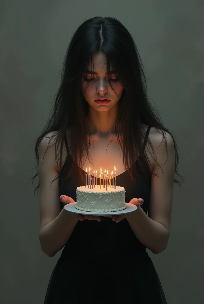 The women face full of sadness and his waring a black dress and his holding a birthday cake