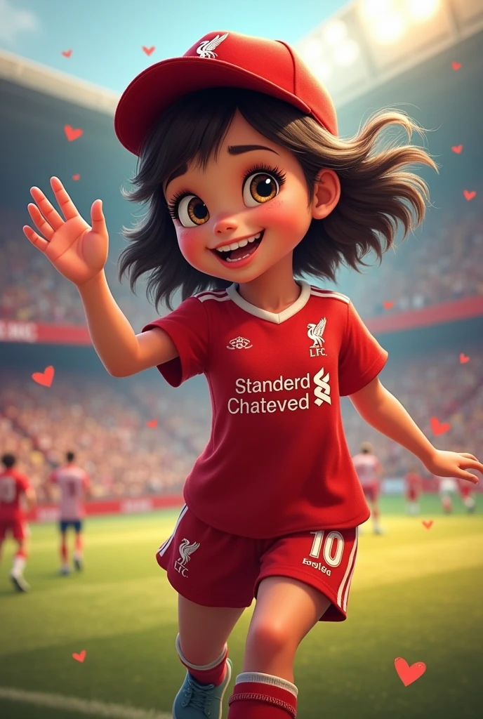 A cheerful girl with short hair, Disney style, holding up two fingers on one hand and wearing a Liverpool cap. Wearing a Liverpool football shirt standing in cartoon style illustration Detailed and colorful High quality, realistic photography dynamic poses color