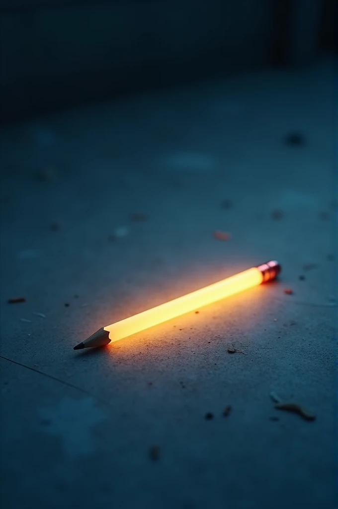 A glowing pencil on the ground**: Show the pencil lying on the ground, radiating a soft light.