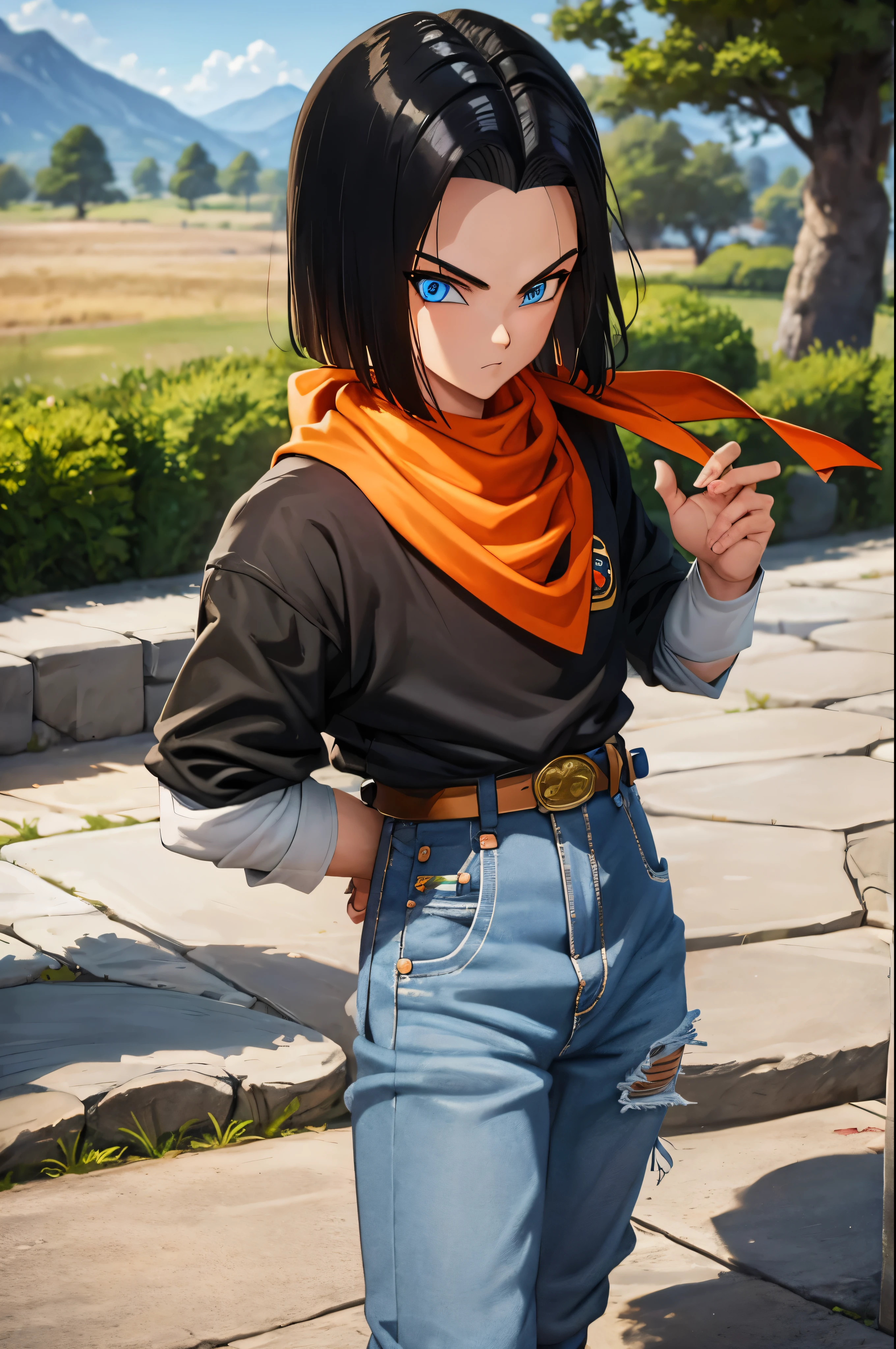 A masterpiece, best quality, detailed and expressive eyes, perfect facial features, high resolution, 1 boy, alone, android **-inspired boy, (male body:1.3), blue eyes, black hair, parted hair, short hair, black shirt, jeans, layered shirt, white sleeves, orange bandana, blue sneakers, green socks, brown belt, red freckles, outdoor, landscape, standing, portrait, looking at viewer