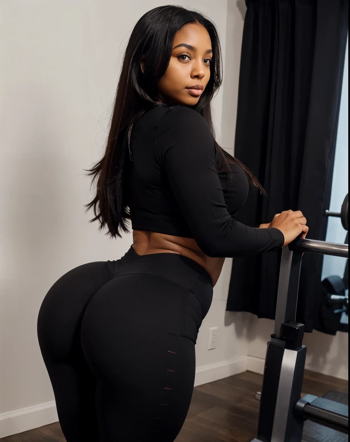 Mixed black ethnicity, curvy girl, long straight hair, wide hips, curvy body, wearing Lifting Leggings Women High Waisted Seamless Workout Leggings Gym Booty Tights Tummy Control Yoga Pants, 