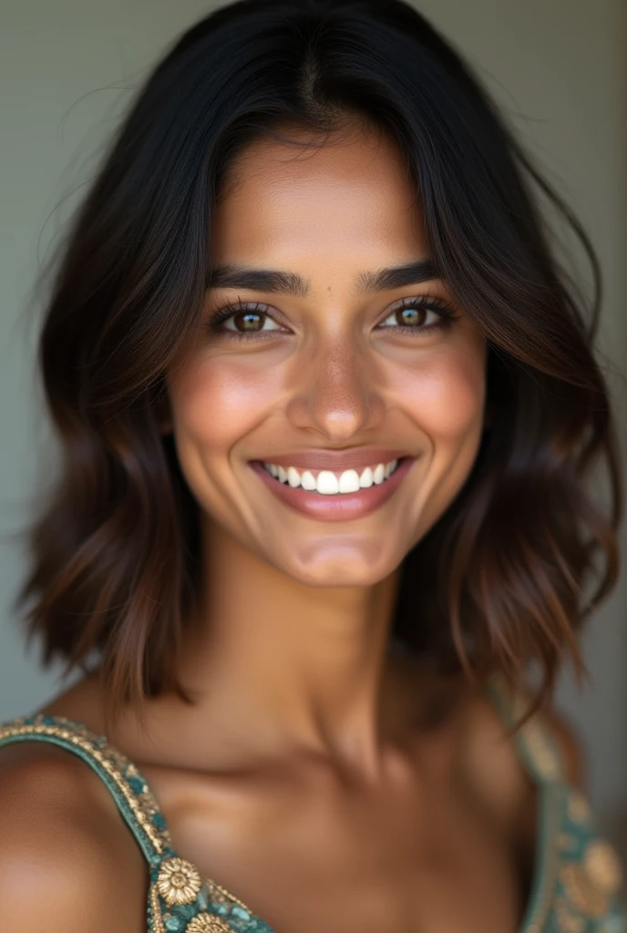 There is a young, Beautiful indian woman, who looks to the future like Katrina Kaif, Smiles into the camera, beautiful teeth, She looks into the camera, a portrait from raw photo, body, conservative modern color dress, ((hair Blunt Cut),