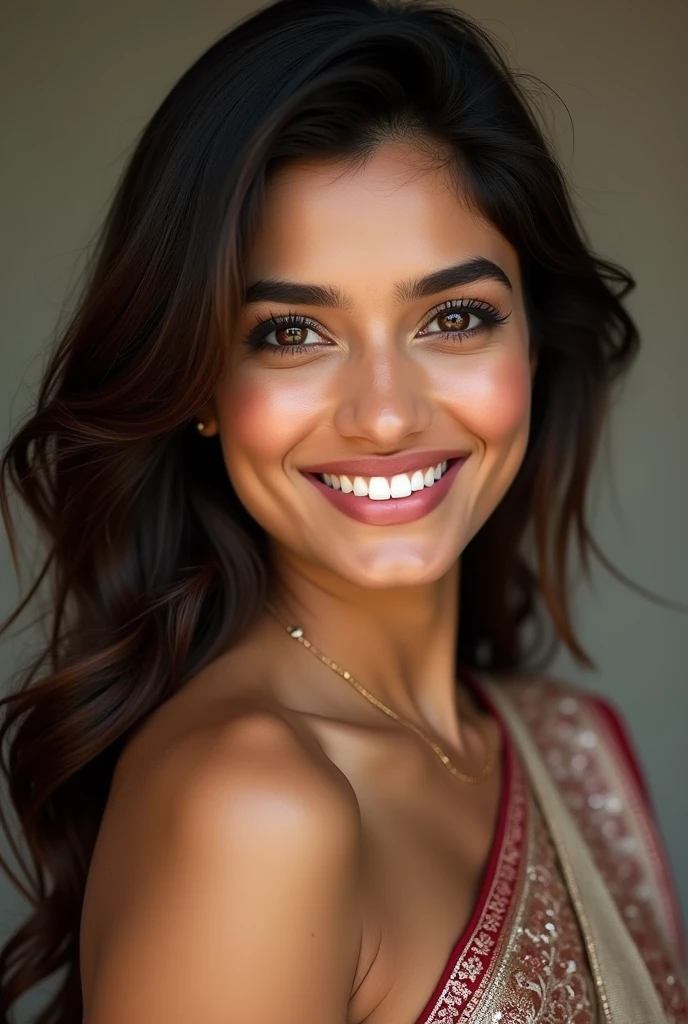 There is a young, Beautiful indian woman, who looks to the future like Katrina Kaif, Smiles into the camera, beautiful teeth, She looks into the camera, a portrait from raw photo, body, conservative modern color dress, ((hair Blunt Cut),