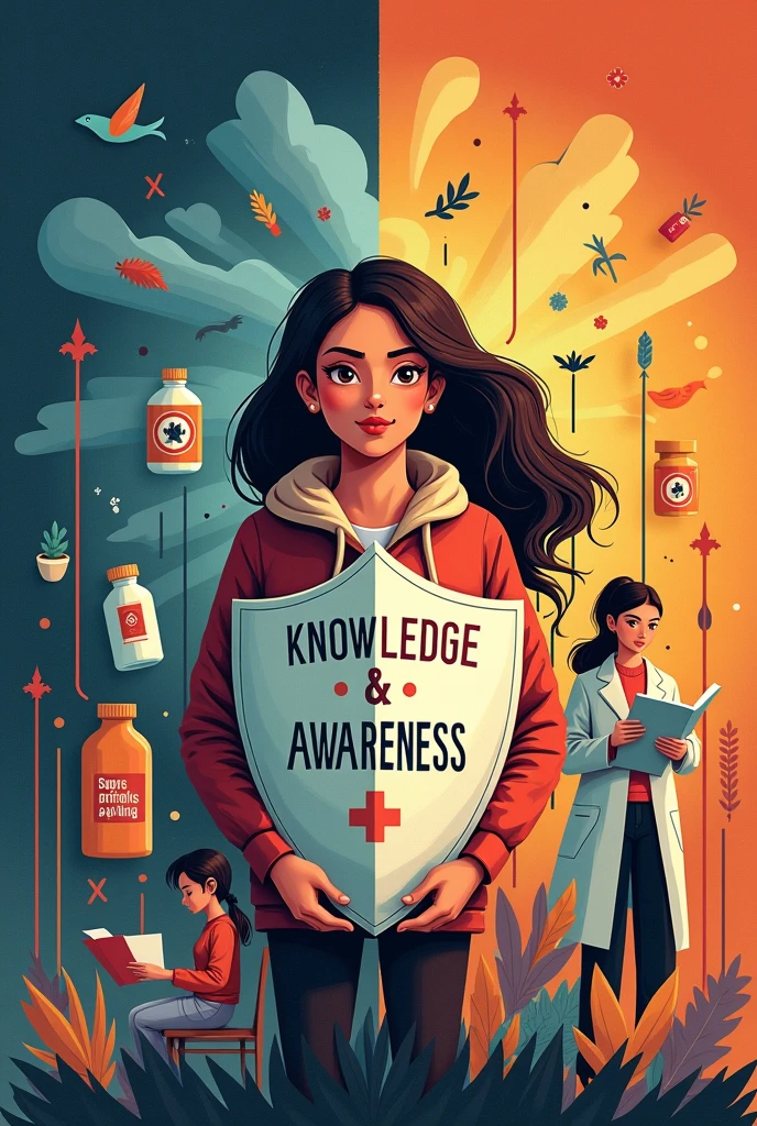 Create a poster or easy drawing showing a Grade 10 beautiful woman student standing in the center, holding a shield labeled 'Knowledge & Awareness,' protecting their family behind them. On the left side, depict the symbols of quackery such as fake medicine bottles, a snake oil bottle, false advertisements, and dark clouds. Arrows from the quackery side are being deflected by the shield. On the right side, show positive actions such as reading a book titled 'Health Facts,' a family member consulting a doctor, and a red cross over fake products. Use dark colors for the quackery side and bright colors for the positive side. At the bottom, include the slogan 'Stay Informed, Stay Safe.