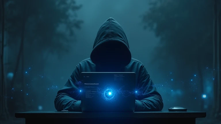 dark laptop wallpaper, creepy, with a blue accent, for a hacker