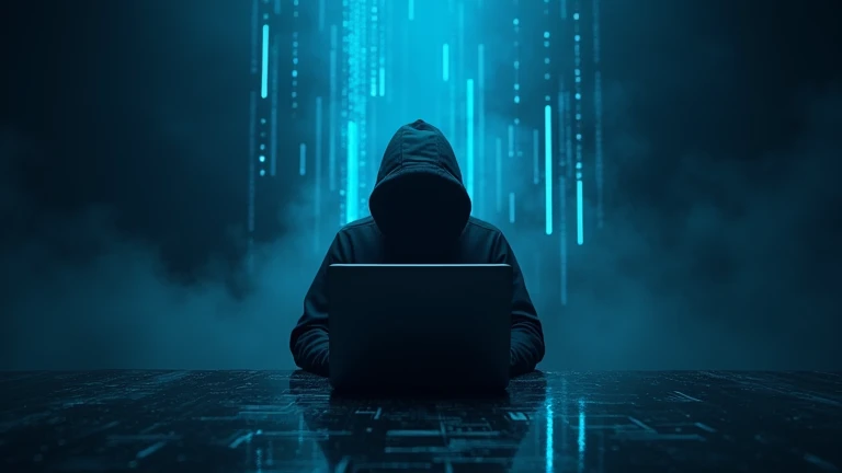 dark laptop wallpaper, creepy, with a blue accent, for a hacker