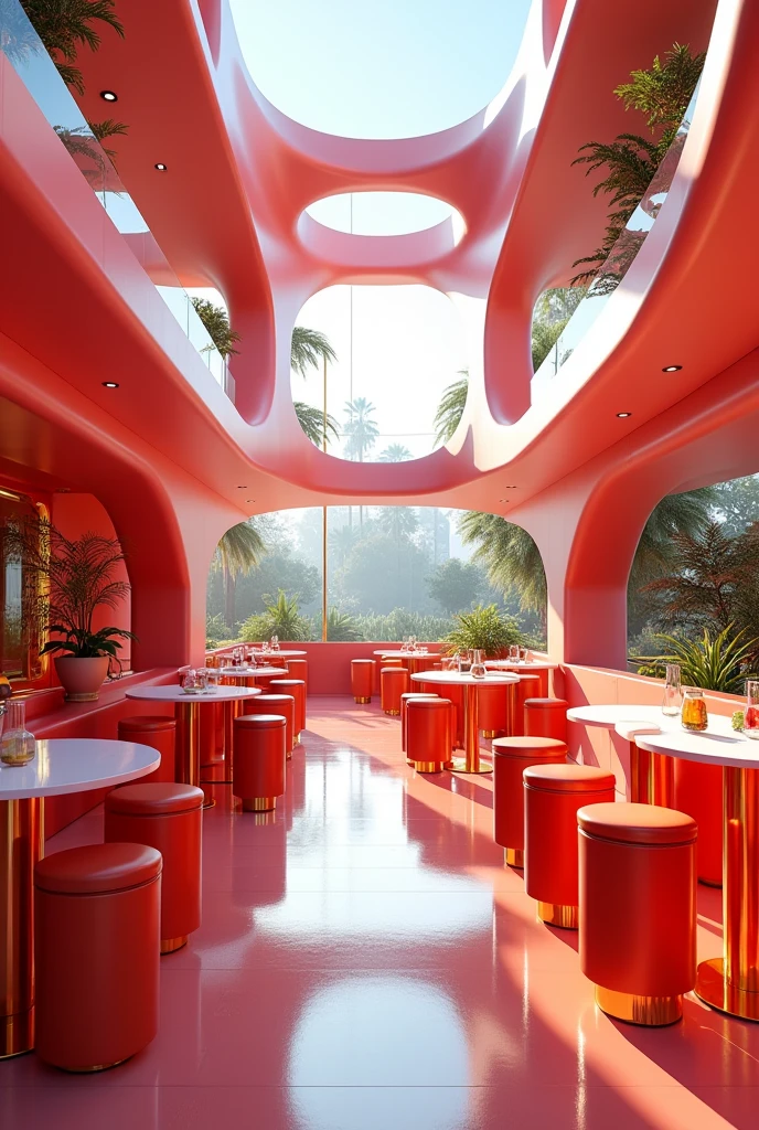 Restaurant in many goal shape stools hyper realistic image 
