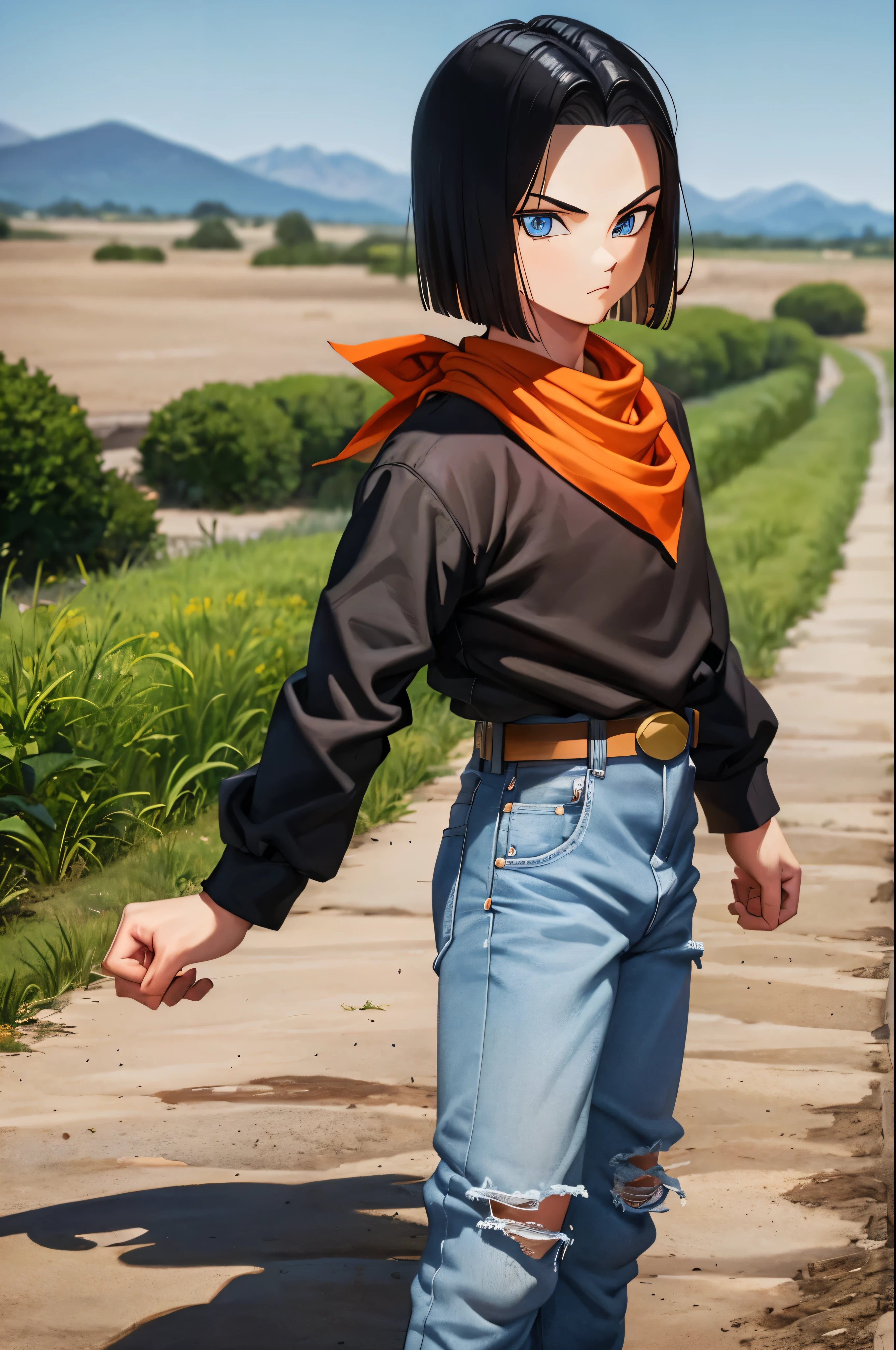 A masterpiece, best quality, detailed and expressive eyes, perfect facial features, high resolution, 1 boy, alone, android 17-inspired boy, (male body:1.3), blue eyes, black hair, parted hair, short hair, black shirt, jeans, layered shirt, white sleeves, orange bandana, blue sneakers, green socks, brown belt, red freckles, outdoor, landscape, standing, portrait, looking at viewer