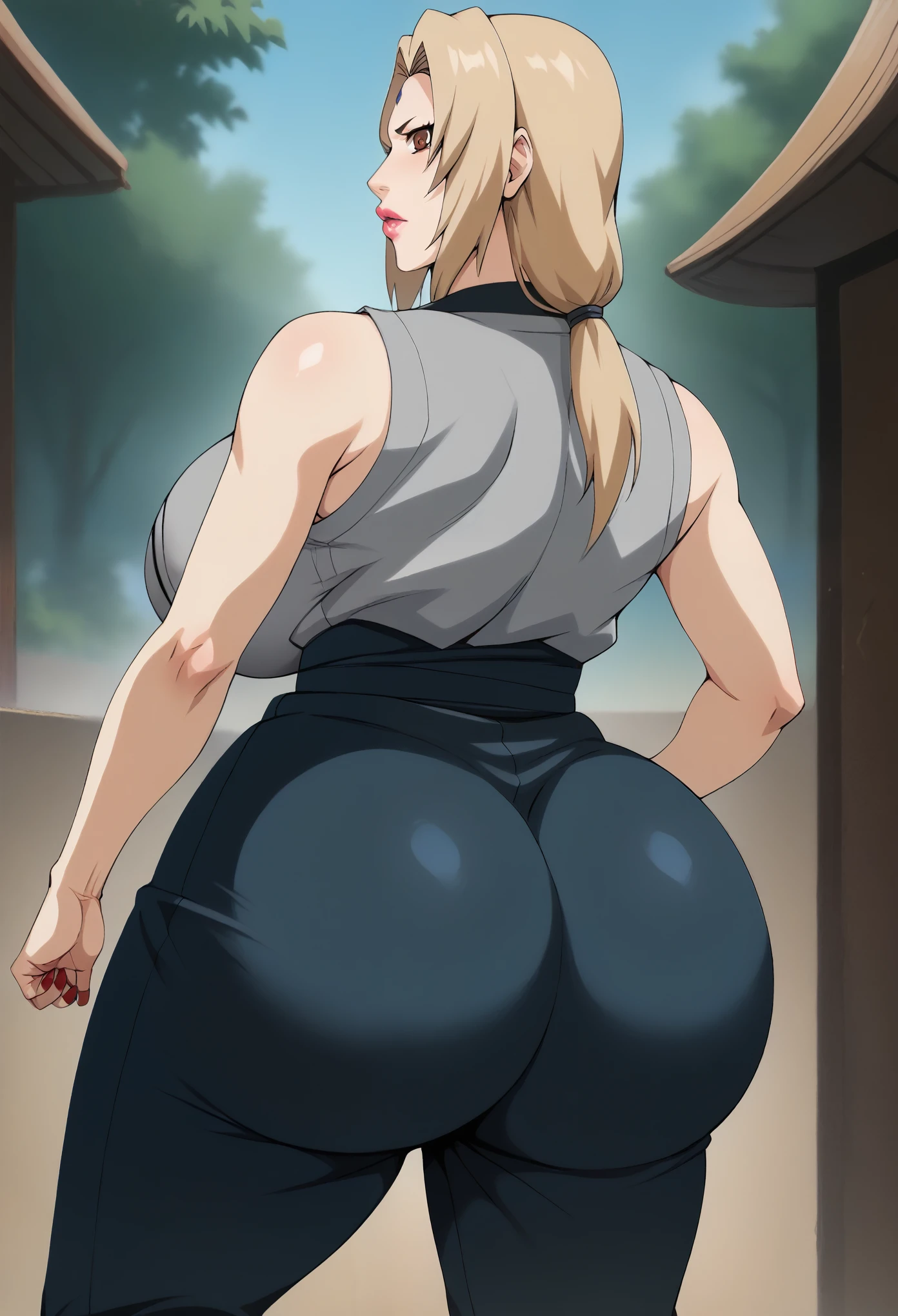 Senju Tsunade, ((Bimbo))), Long Blond Hair, cute smile face, Puffy lips, Painted lips, thick lips, wide hips, thick thighs, Huge ass, The face of craving desire , cleavage, mature mom, standing at desk, teasing, tight pencil skirt, guy is groping her ass, guy is grabbing her ass, ass being squeezed, view from side