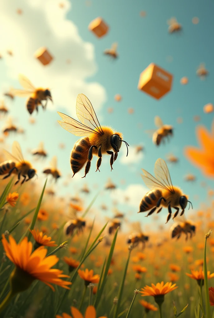 Bees flying in a full of flowers and airdrops with them."less flowers,more airdrops "
