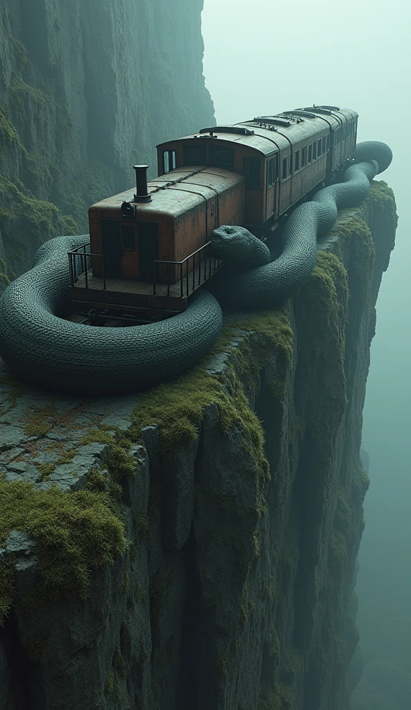 Give me a picture of an old rusty train wrapped around a giant python against a cliff edge background with a creepy, mossy place comparison[9:16]