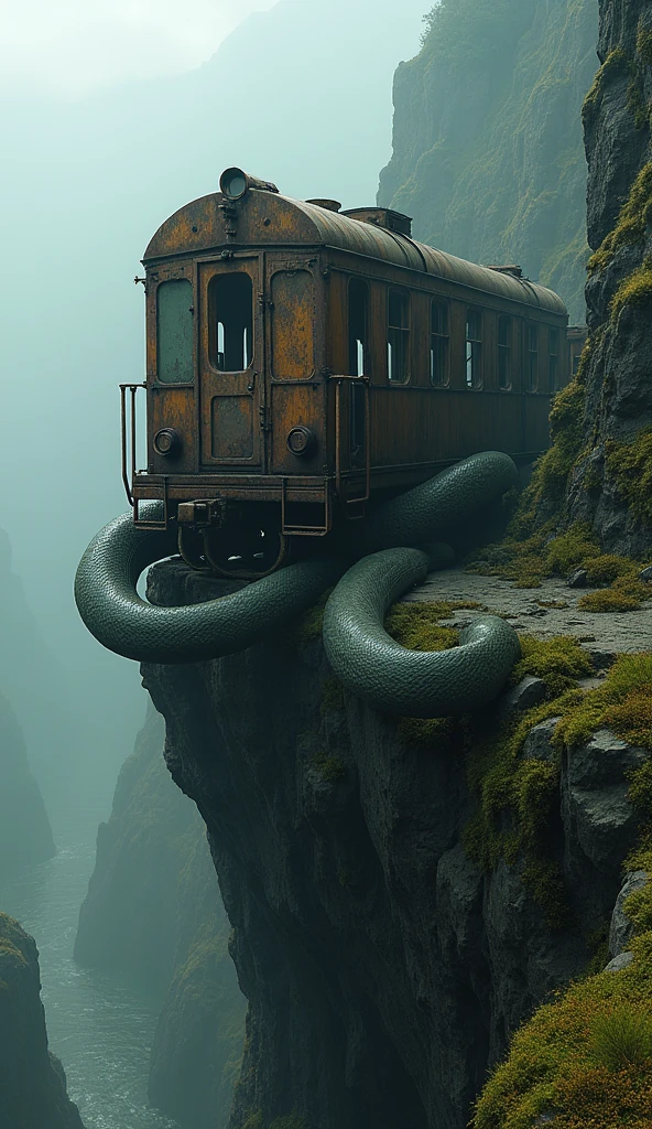 Give me a picture of an old rusty train wrapped around a giant python against a cliff edge background with a creepy, mossy place comparison[9:16]
