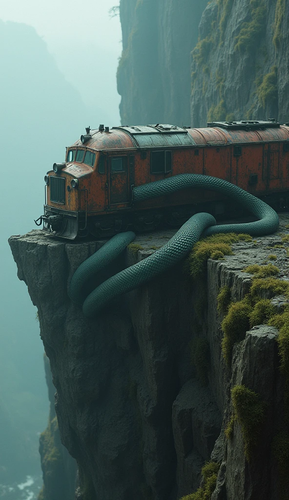 Give me a picture of an old rusty train wrapped around a giant python against a cliff edge background with a creepy, mossy place comparison[9:16]