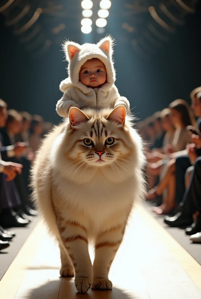 New with significant details including Himalayan cat fur outfit riding on a large Himalayan cat walking in a real fashion show