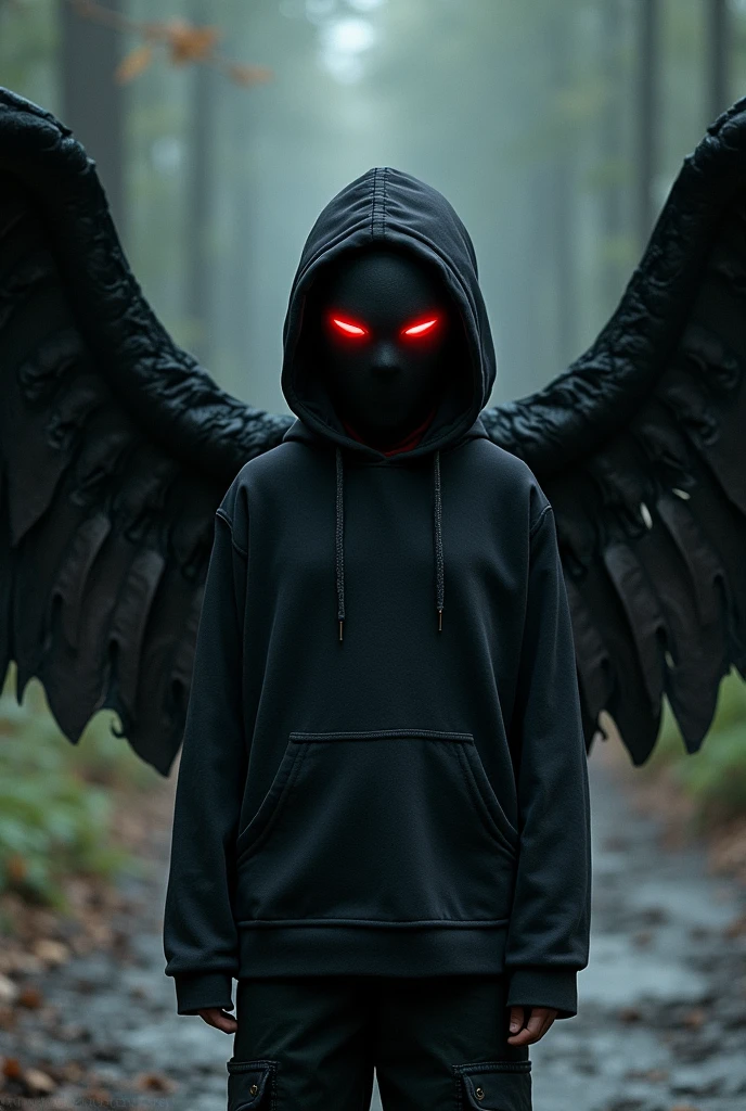 girl, thick black cargo pants, a black hoodie with holes cut in the back for her wings, with the hood of the hoodie that covered her head and her mouth and nose is covered with a black mask, wearing half-moon goggles with illuminated red lenses. she has wings that were 30 feet wide, like a wyvern's wings.