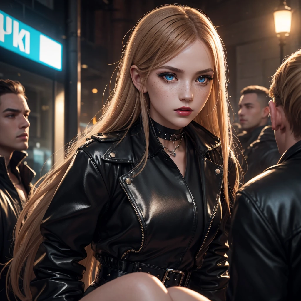 cute girl among men, cute woman with guys, girl with fellas, in a shiny black puffy jacket, face slumbering, cute eyes, mouth agape, Face weary, Face of suffering, Face of heaven, slumbering face, battling men, surrounded by men, caught among men, being approached by men, Hair pulled forcefully, my head is grabbed, Masterpiece, beautiful girl, delicate eyes, Swollen eyes, Of the highest quality, Super high resolution (reality: 1.4), movie lighting, Super beautiful, beautiful skin, (超realistic), (High resolution), (8k), (Very detailed), (beautiful and delicate eyes), (super detailed), detailed face, inclined bangs, reddish-blond hair, 2, in an alley. porcelain white skin sprinkled with freckles, big expressive large green eyes with long lashes, heavily made up with eyeliner and blue eyeshadow with glitter, slim figure, skinny, red lips, shiny red lips, a beautiful and sensual face, goth choker, vinil black jacket, paired with a red sateen mini skirt with black shiny belt, high shiny boots. motherly face, cute face, a lot glitter, glitter clothes, shiny clothes, night, hard made up, a lot made up, hard make up, goth make up, lots of cum on her clothes, cum on her face, prostitute
