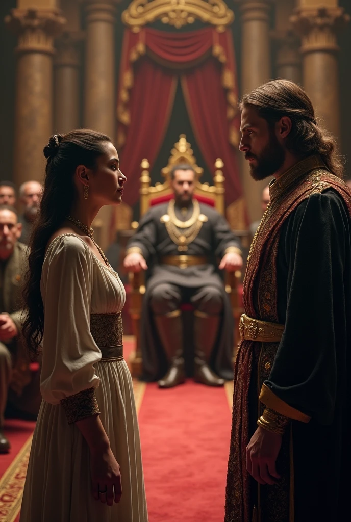 Summoning the General's Daughter to the Court:
A scene in the royal court with the king on his throne, the general’s daughter standing before him with a calm but alert demeanor. She is dressed modestly yet elegantly. The courtiers are whispering among themselves, and the king’s gaze is intense, suggesting he is testing her.