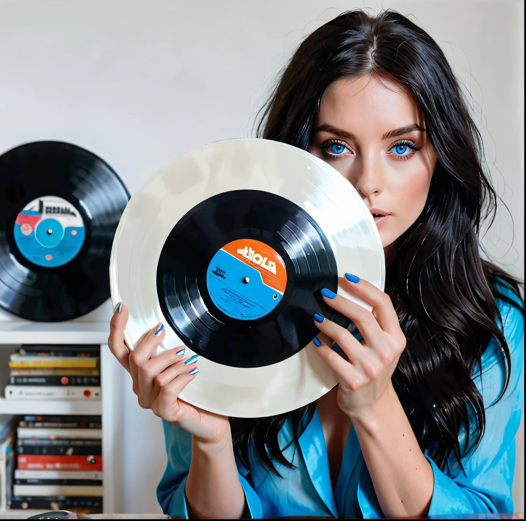 A 3 woman,With dark hair, blue eyes. Holding a vinyl record, La portada, not the disc itself. The cover is completely white with no text or anything.. hyper realistic, cinematic. The vinyl record is not visible, solo La portada toda blanca. He is grabbing it with both hands, take care of the details of the fingers