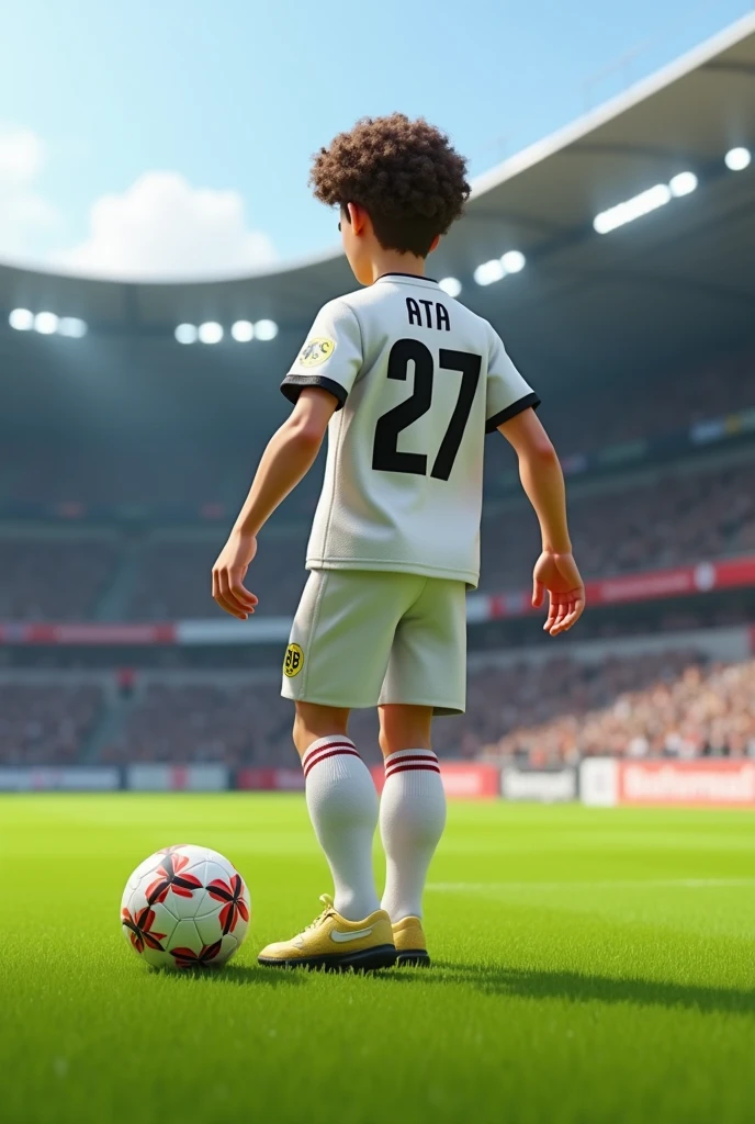 A white soccer player with brown curly hair from Borussia Dortmund and wearing the number 27 with the name ATA written on the back of the shirt is facing backwards playing football in 3D animation.
