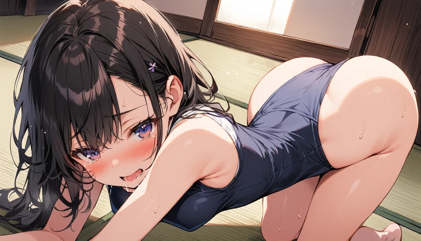 beauty Black Hair Embarrassed blush Close your eyes shout tears Saliva sweating tits Butt School Swimsuit On all fours Back view Leg spread pubic hair Japanese-style room tatami Dark room