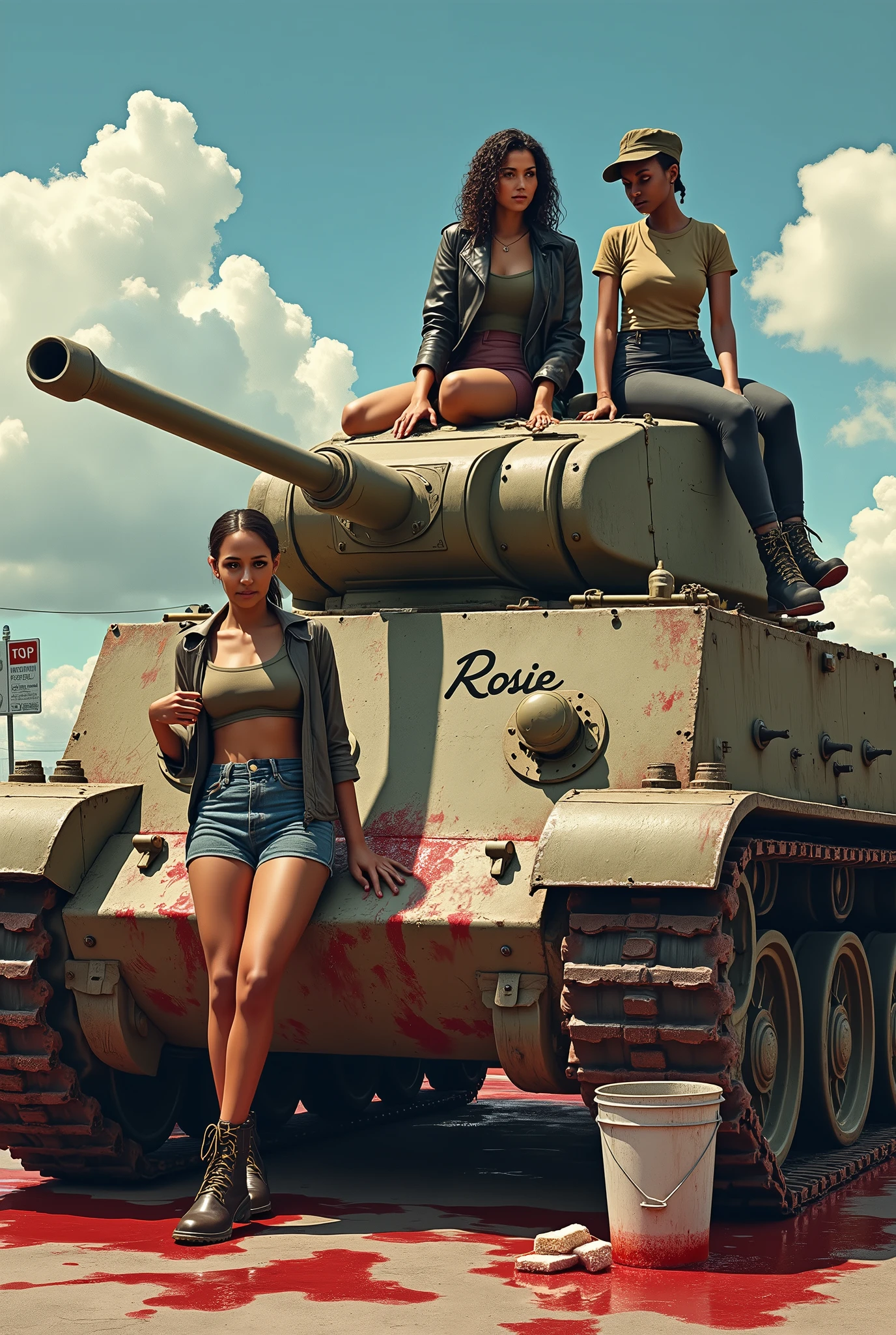 Four beautiful women are cleaning a huge, worn-out military tank covered in blood stains.. They are scattered around the machine: A woman is lying on top of the tank, Another is leaning forward cleaning one of the stains, while two more stand on the sides, working with sponges and buckets of water. The women wear combat boots and display different skin tones and hair styles., while one of them is wearing a leather jacket and a military cap, sitting casually on top of the tank watching the others. The tank has the name 'Rosie' written on its side, and the scene has a sunny background with fluffy clouds and a bus stop sign in the background, adding a surreal and provocative tone to the scene