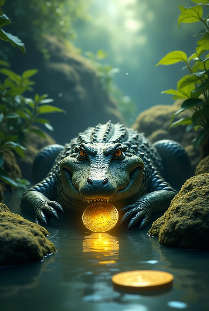 The Crocodile Hides the Coin:

Scene: The crocodile is carefully placing the gold coin in a secret spot at the bottom of the pond, surrounded by water plants and rocks.
Details: The crocodile should be depicted in a thoughtful pose, making sure the coin is well-hidden. The pond should look peaceful and natural.
