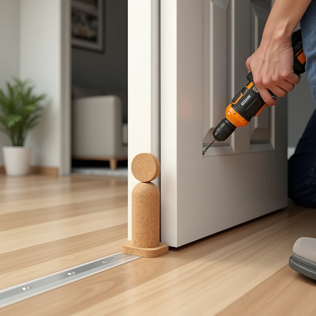 A realistic and professional scene showing the installation of a small door stopper designed to look like a champagne cork standing vertically on a laminate floor. The setting is a modern, well-lit home interior. The cork-shaped stopper is positioned behind an open door, perfectly placed to prevent the door from striking the wall. A skilled worker, dressed in professional work attire, is carefully securing the small, vertically-standing cork stopper into the laminate floor using tools such as a drill or screwdriver. The close-up shot emphasizes the unique appearance of the stopper and the precision of the installation. The background features the door, the clean laminate flooring, and the nearby wall, highlighting the stopper’s function in protecting the wall from damage while adding a touch of creativity to the space.