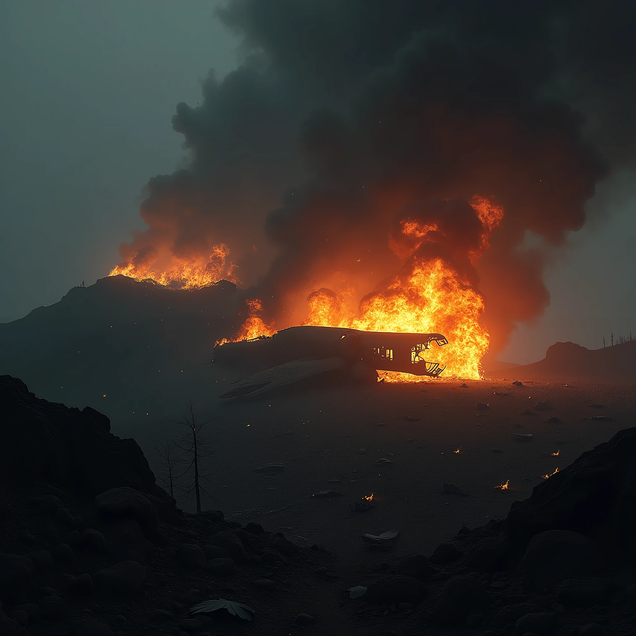 An eerie, dark scene depicting the fiery wreckage of an airplane crash on a desolate hill. The remnants of the plane are engulfed in intense flames, with thick, black smoke billowing into the night sky. Scattered debris litters the rugged terrain, casting long, ominous shadows. The hill itself is surrounded by a haunting, foggy atmosphere, with faint silhouettes of twisted metal and broken wings barely visible through the smoke. The scene is illuminated by the eerie glow of the fire, creating a terrifying and desolate environment. (extremely detailed CG unit 8K wallpaper, Artwork, best quality, ultra-detailed, hdr:1.2, dark and terrifying atmosphere, eerie lighting, horror vibes)