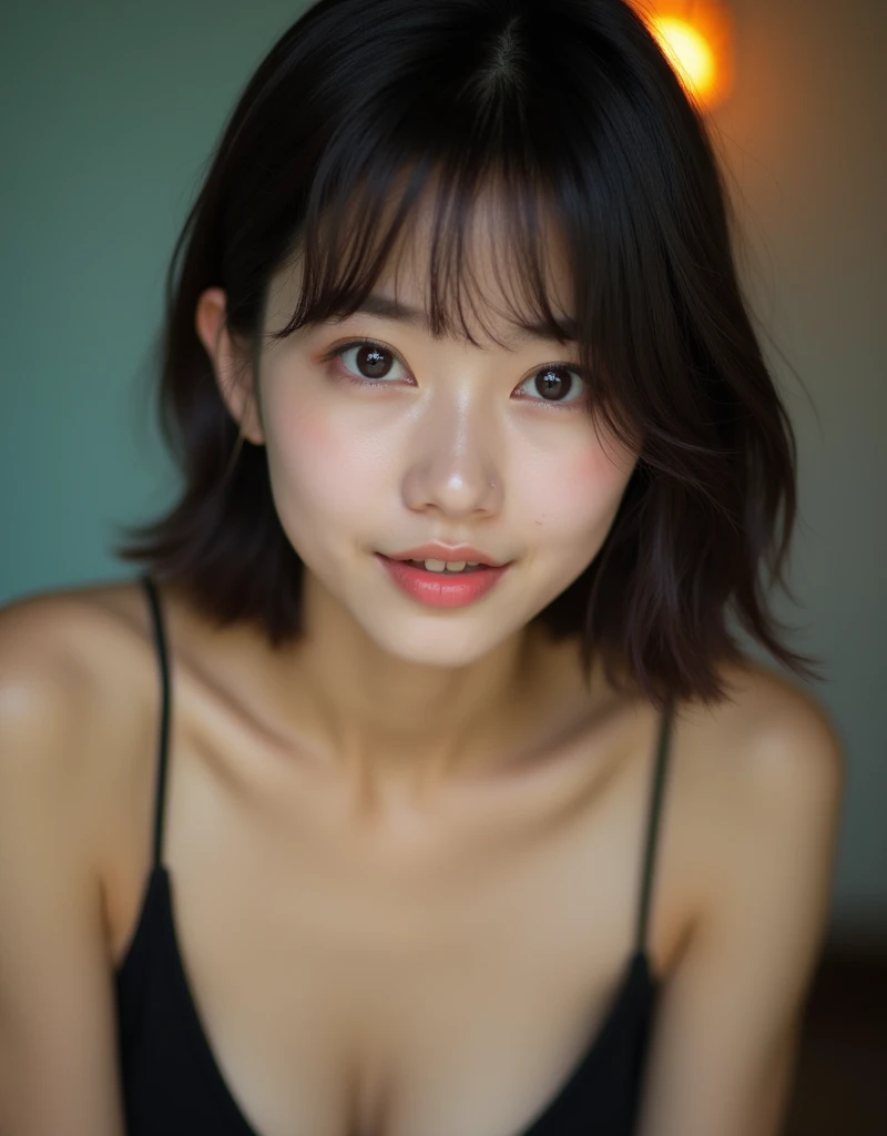 (Highest quality, 8k, 32K, masterpiece, Ultra-high resolution:1.2), Beautiful Japanese Women Photo, Short straight hair, natural beauty, (Leaning forward:1.3), (close:1.4), indoors, Look at audience, facial expressions amused, smug; provocative, cleavage, Blurred Background