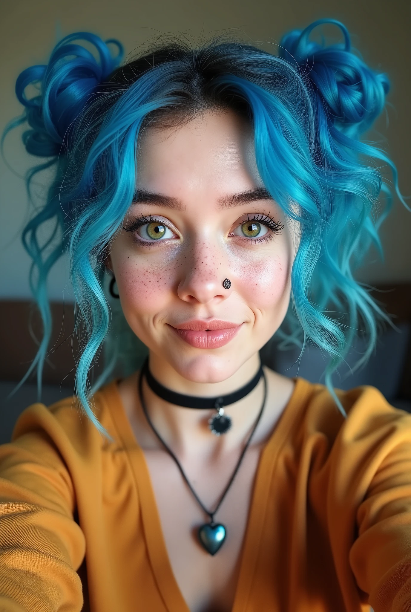 She’s a young woman with vibrant blue curly hair styled in two ponytails, in the selfie. Freckles dot her cheeks, adding to her youthful charm. She wears a choker necklace that complements her confident and quirky vibe. • Hair: Her hair is blue and curly, with two buns positioned on top of her head, leaving the rest of her hair cascading down in loose waves. The vibrant blue color suggests a bold personality, possibly someone who enjoys standing out.
• Skin Tone: Her skin appears to be light with a warm undertone, and she has a natural, youthful complexion.
• Eyes: She has large, expressive eyes with thick, dark eyebrows that frame her face. The eyes are prominent, with a bright and lively appearance, indicating alertness and curiosity.
• Freckles: A scattering of freckles covers her cheeks and nose, giving her a playful and youthful appearance.
• Nose: She has a small, slightly upturned nose.
• Mouth: Her lips are full and slightly parted, which adds to her quirky and fun-loving demeanor. She has a septum piercing, a ring in the center of her nose.
Accessories:
• Jewelry: She wears a choker necklace with a pendant shaped like a heart. The choker adds a touch of edginess to her look.
• Piercings: Besides the septum piercing, she also has small hoop earrings in her ears.
Clothing:
• Top: She is wearing a loose, casual top that seems comfortable, fitting her relaxed and laid-back style. The color of the top is earthy, possibly a light brown or beige, complementing her vibrant hair and accessories.
Overall Vibe:
• Personality: The overall appearance suggests that she is confident, creative, and not afraid to express herself through her style. The playful expression, vibrant hair color, and choice of accessories hint at someone with a fun and energetic personality who enjoys being unique.