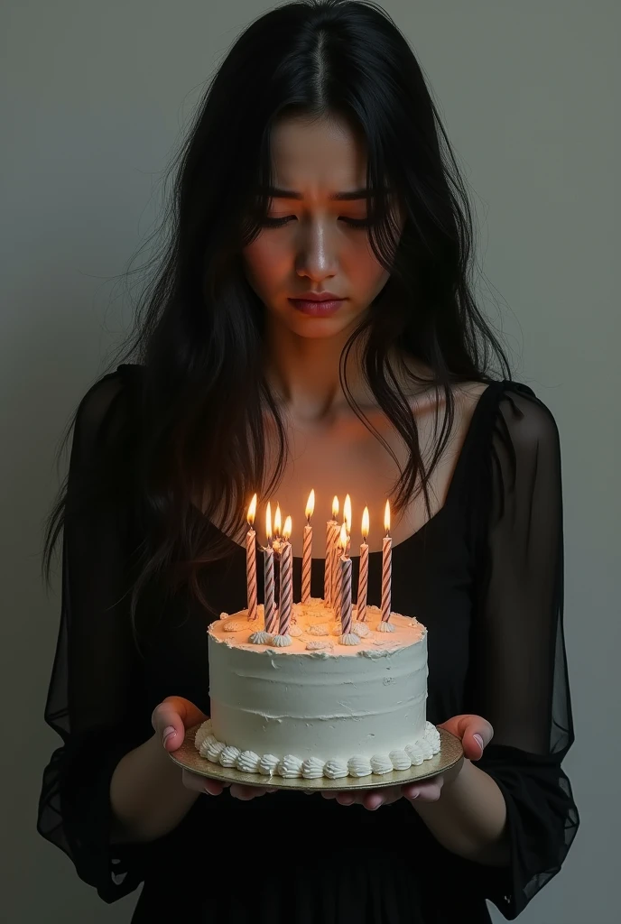 The women face full of sadness and his waring a black dress and coved full sleeve hand his holding a birthday cake with 20 number candle and lose long hair

