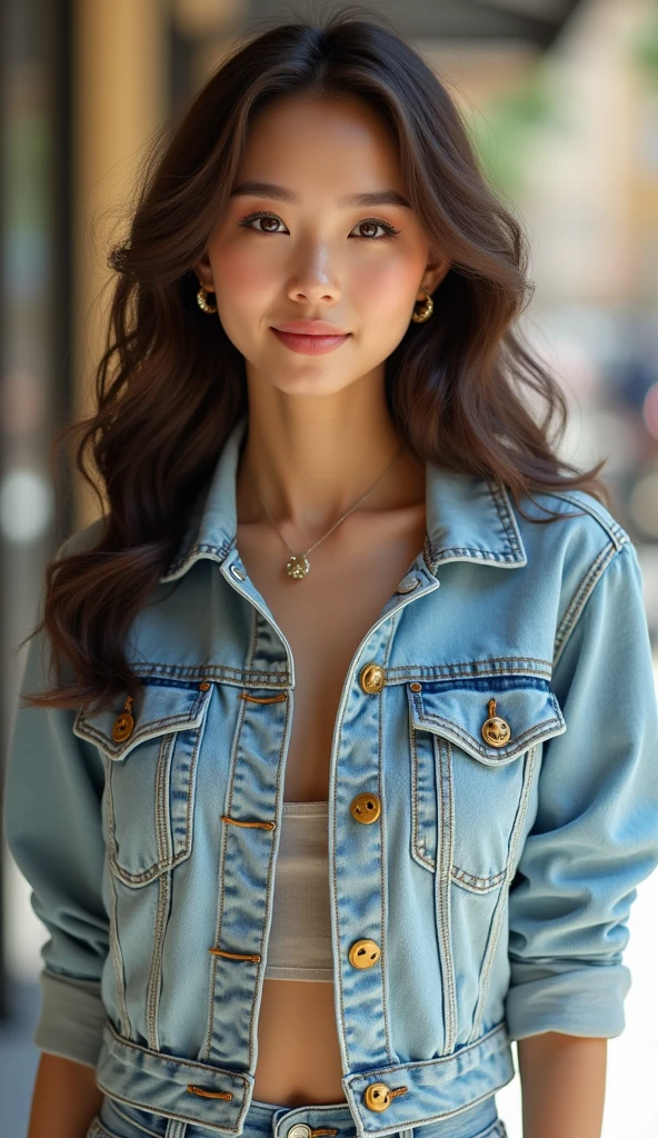A woman with a heart-shaped face and smooth, fair skin radiates a natural glow. She has almond-shaped, deep brown eyes that exude warmth and kindness, framed by well-defined eyebrows with a gentle arch. Her small, straight nose leads to a soft, slightly rounded tip. Her lips are full and naturally pink, often curved in a subtle, inviting smile. High cheekbones enhance her refined appearance, while soft waves of hair gracefully frame her face, adding to her aura of elegance and warmth. She is dressed in trendy smiley face denim—a light-wash denim jacket and jeans featuring playful smiley face patterns. Her outfit exudes a youthful and cheerful vibe, perfectly complementing her warm and approachable style. Accessories are minimal but tasteful, such as delicate earrings and a simple necklace, adding a touch of elegance to her playful look.