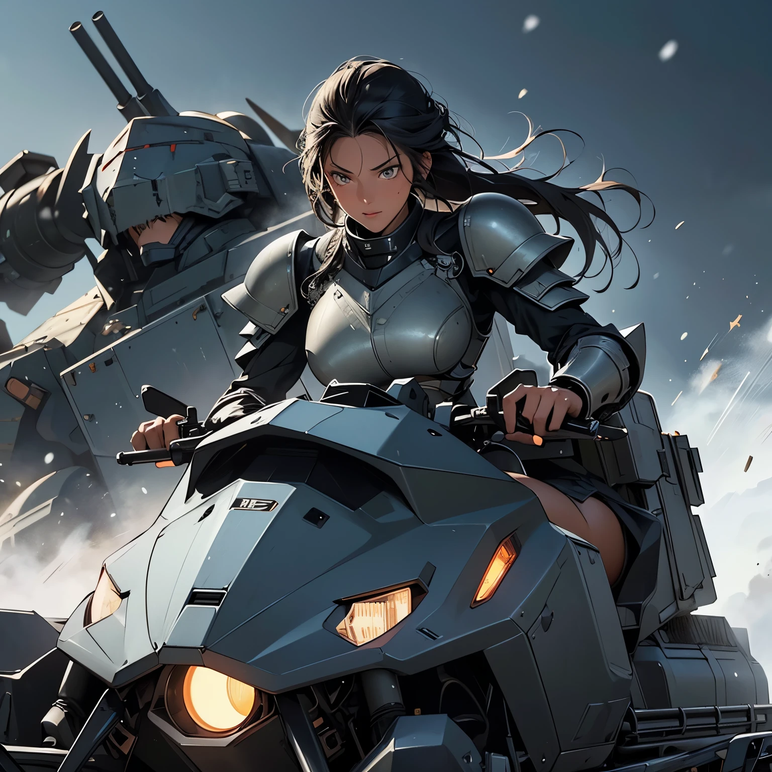 nsfw, anime screencap, 16K, perfect anatomy proportion body, perfect hands, action, A dynamic composition with a sense of speed and movement, (open cockpit, Ride a heavily armored steam-powered military snowmobile:1.6), a wife, 40age, perfect beautiful delicate sexy face, perfect beautiful delicate eyes, braid-in-braid black hair, (dark skin:1.6), huge breasts, abs, Camouflage-colored heavy armored steam engine full armor powered suit, Many heavily armored robot soldiers are engaged in a firefight in the background., Flying bullets, Snowy Battlefield, war, Post-apocalyptic,