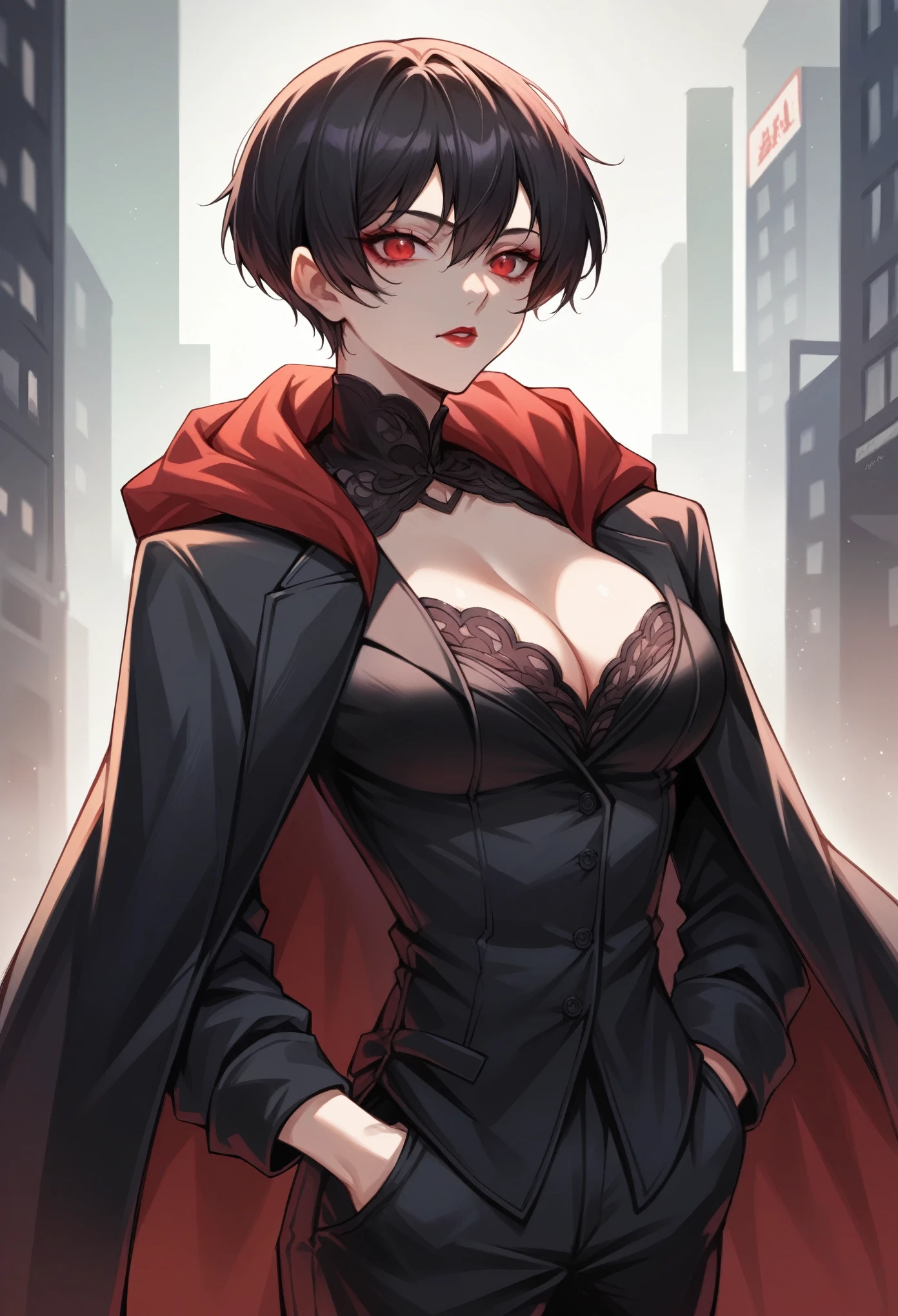 score_9, score_8_up, score_7_up, score_6_up, score_5_up, score_4_up, source_anime, close-up, gothic art, SFW, 1girl, slim body, [big breast], red eyes, short black hair, pretty lipstick, wearing black tuxedo, red cloak, one hand in pocket, standing on rooftops, 80s night city background, soft lighting, detailed face