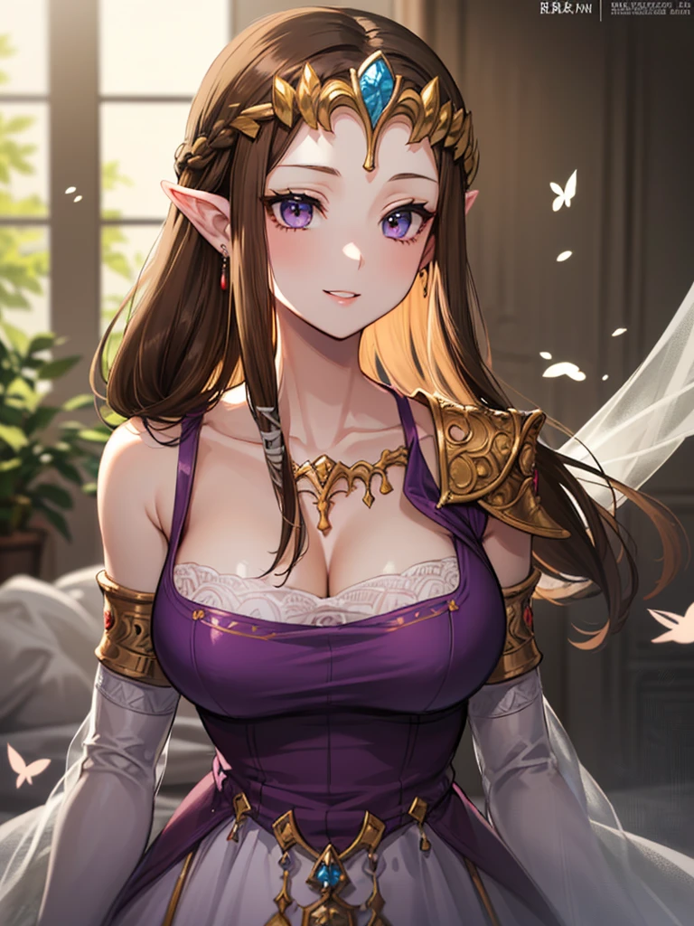 (((Face close-up))),((((Her hair is fluttering))))),(Expressionless),((((((Exposed shoulders)))))),((((Upper Body)))),((alone)),((side angle))),Anime art style,masterpiece,(Highest quality), (Super detailed),(Very delicate and beautiful),(((((Beautiful glossy lips))))),(detailedな顔と目),Beautiful eyes like jewels,(A truly gorgeous jeweled ruffled rococo ball gown dress),(((Mature Woman,Queen))),((1 Queen in a beautiful embroidery and jeweled absolutely gorgeous rococo ballgown dress with voluminous full length hoop skirt)),((crinoline)),,((Straight hair galore,Very long straight hair with plenty of volume,Super long straight hair)),,Cleavage,(bed),length_gloves,Very gorgeous hair accessories、((((front)))),((((Adult Expressions)))),((((Beautiful Face)))),((((dress)))),((Overhead Shot)),(((Long Hair)))),((((Straight hair)))),((Cleavage)),((((Dark brown hair)))),Princess Zelda,((chest is slightly exposed)), ((Highest quality)),,(Very detailed) ,((Purple Blouse)),((())),Brown Hair,(()),, ((Highest quality)), (Very detailed),((detailed)),(((smile))),Nintendo, The Legend of Zelda),,((alone)), ((Highest quality)), (Very detailed), ,