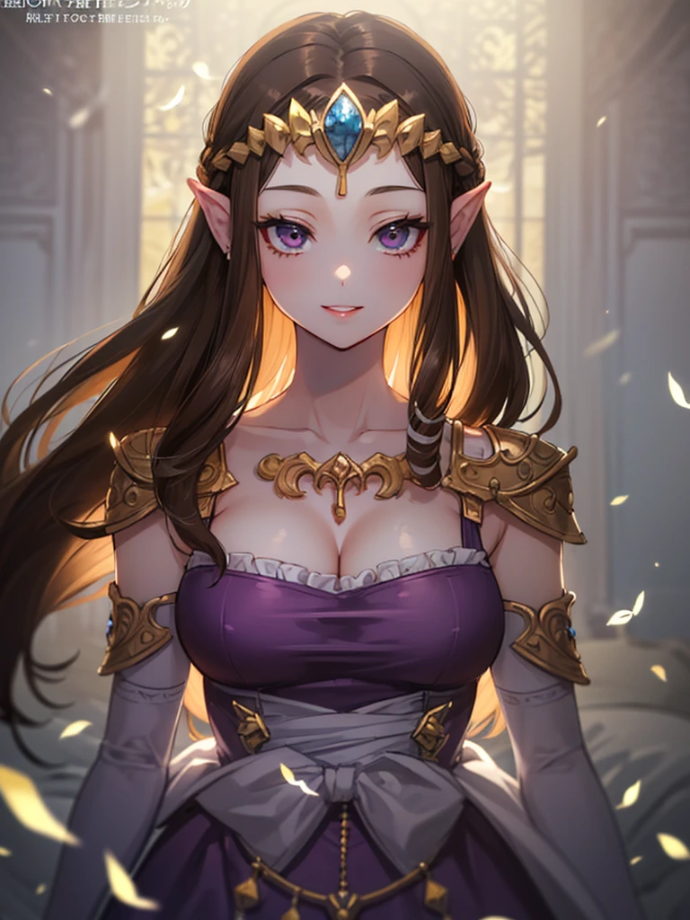 (((Face close-up))),((((Her hair is fluttering))))),(Expressionless),((((((Exposed shoulders)))))),((((Upper Body)))),((alone)),((side angle))),Anime art style,masterpiece,(Highest quality), (Super detailed),(Very delicate and beautiful),(((((Beautiful glossy lips))))),(detailedな顔と目),Beautiful eyes like jewels,(A truly gorgeous jeweled ruffled rococo ball gown dress),(((Mature Woman,Queen))),((1 Queen in a beautiful embroidery and jeweled absolutely gorgeous rococo ballgown dress with voluminous full length hoop skirt)),((crinoline)),,((Straight hair galore,Very long straight hair with plenty of volume,Super long straight hair)),,Cleavage,(bed),length_gloves,Very gorgeous hair accessories、((((front)))),((((Adult Expressions)))),((((Beautiful Face)))),((((dress)))),((Overhead Shot)),(((Long Hair)))),((((Straight hair)))),((Cleavage)),((((Dark brown hair)))),Princess Zelda,((chest is slightly exposed)), ((Highest quality)),,(Very detailed) ,((Purple Blouse)),((())),Brown Hair,(()),, ((Highest quality)), (Very detailed),((detailed)),(((smile))),Nintendo, The Legend of Zelda),,((alone)), ((Highest quality)), (Very detailed), ,