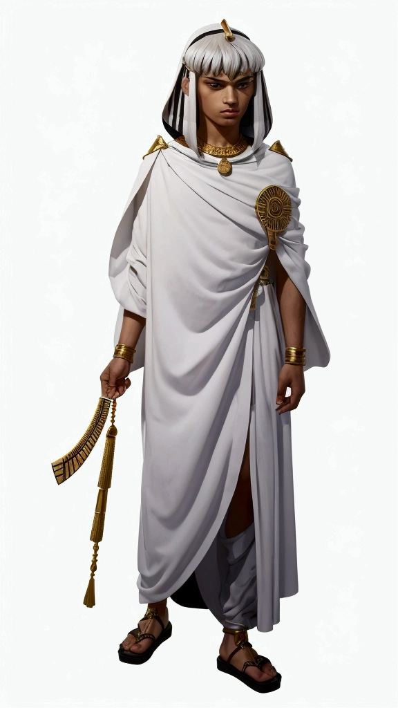 Age around 20, male, black eyes, white hair, medium length, that resembles a pharaoh's headdress, very similar to the one a pharaoh would wear with a gold necklace and arm band 