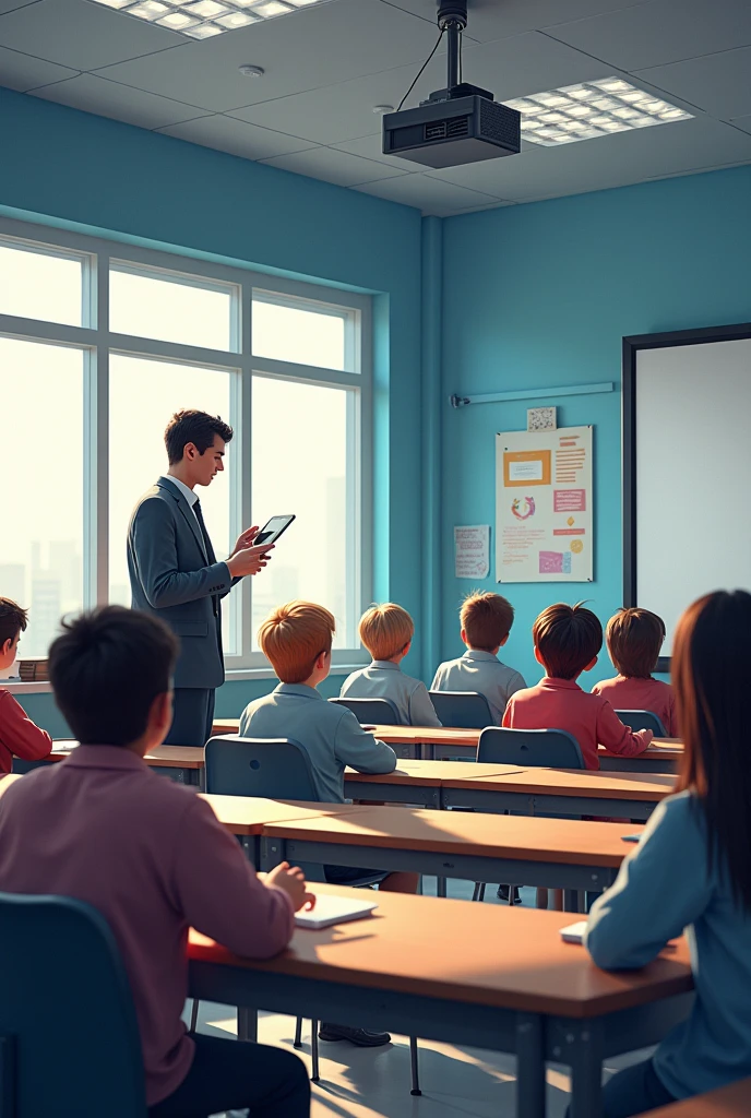 Isang modernong classroom. Ang guro ay gumagamit ng tablet habang ang mga estudyante ay nakatingin sa projector. gawin mo itong drawing