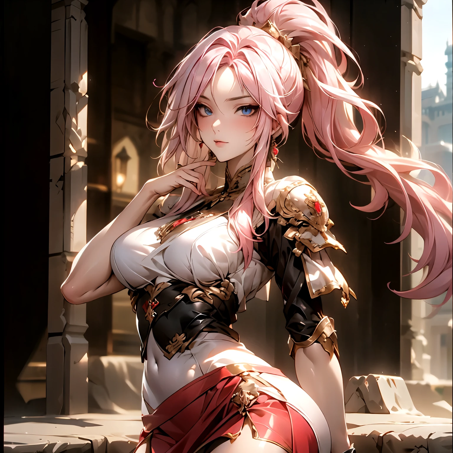 (best quality)), ((Masterpiece)), (details:1.4), 3d, HDR (high dynamic range), an image of a beautiful cyberpunk female, fantasy, medieval, Cyberpunk, Sleek style, pink hair, High ponytail, hips up, Beautiful White eyes, จมูกโด่ง, ปากแดง, หน้าอกใหญ่, nvidia RTX, PBR surface, After processing, Anisotropic filtration,depth of field, Maximum clarity and clarity, multi-layered surface, Subsurface scattering, perfect proportions, 8K raw files, ultra detailed, Perfect proportions, volumetric lighting, soft lighting, Holy Paldin, Heavy Silver Armor, red dress, intricate Silver embroidery, glossy skin, Castle Background, jewely, ต่างหู, mini black skirt, glove, long-sleeved dress,