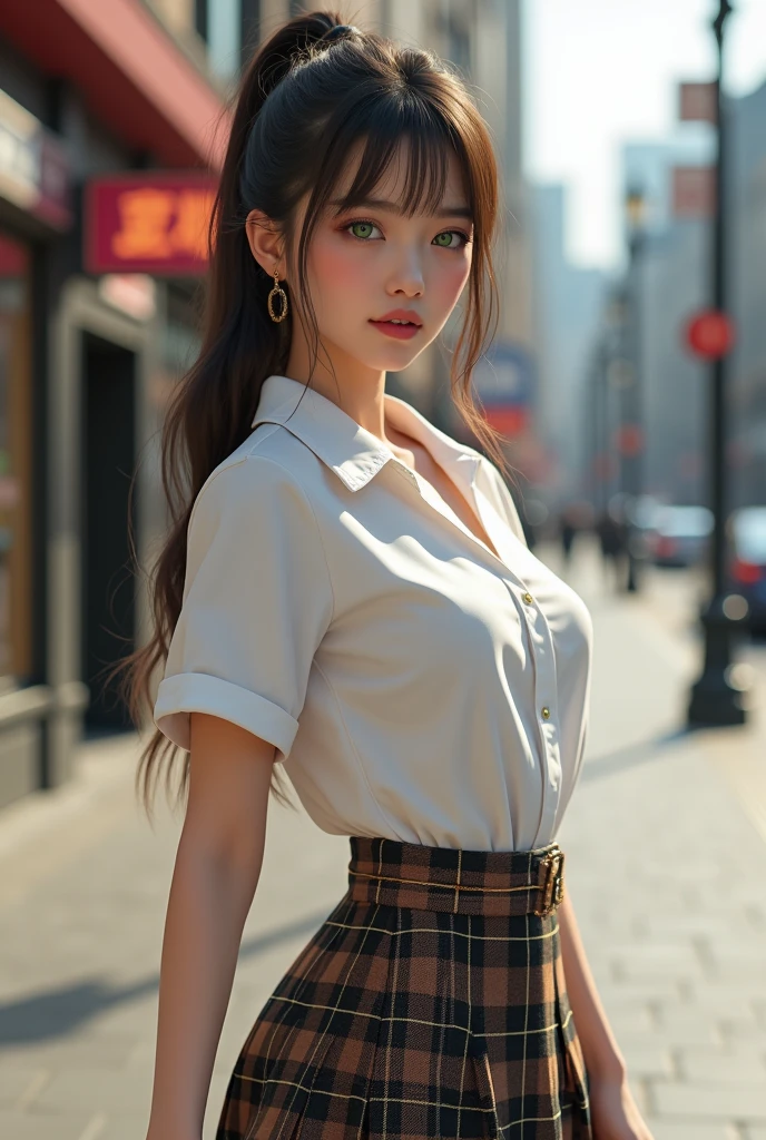 ((A realistic photo of a 20-year-old girl)), ((extremely beautiful)), ((cute face)), ((brunette)), (((green eyes))), (((extra long ponytail))), (medium breasts:1.4), (body fit: 1.0), (slender abs), (moderate hips: 1.4), (realistic eyes), (subtle makeup), (alone), ((boobs d cup)), ((nice perfect ass)), (Shiny skin), (shiny lips), (sensual gaze), (perfect teeth), (realistic teeth), (detailed teeth), (perfect fingers), (realistic fingers), (detailed fingers), (charming countenance), (ultra detailed face), (ultra realist face), (ultra detailed eyes), (ultra realist eyes), ((ultra detailed irises)), (same color eyes), (bare neck), (Best Quality: 1.3), (8k), (masterpiece: 1.3), (UHD), (realistic: 1.3), (photorealistic: 1.3), (Smoother lighting:1.05), (nffsw), (Wallpaper), (High resolution), (Carl Zeiss 85mm F/1.4), (NSFW), (Raw photo), (Sharp Focus: 1.4), (Increase body line mood:1.1), (Increase skin ameltoetexture beauty:1.1), (detailed skin:1.3), (eyes symmetrical), (symmetrical face), ((Unreal Engine 5)), (looking at the camera), ((seductive girl)), ((she is on the street)), ((front view)), ((photo taken from bellow)), ((depth of field)), ((full body legs and feet)), ((standing is sexy pose)), ((classic schoolgirl uniform style)), featuring a (((high-waisted black plaid skirt with a tasteful hemline))), paired with a (((fitted, button-down white shirt short sleeves))), (((wearing bow too))). Add (((knee-high socks))) and ((stylish loafers)) to capture a playful yet sophisticated vibe. Complete the look with subtle accessories like a ((thin belt)) and ((stud earrings)), balancing a sense of nostalgia with modern elegance.