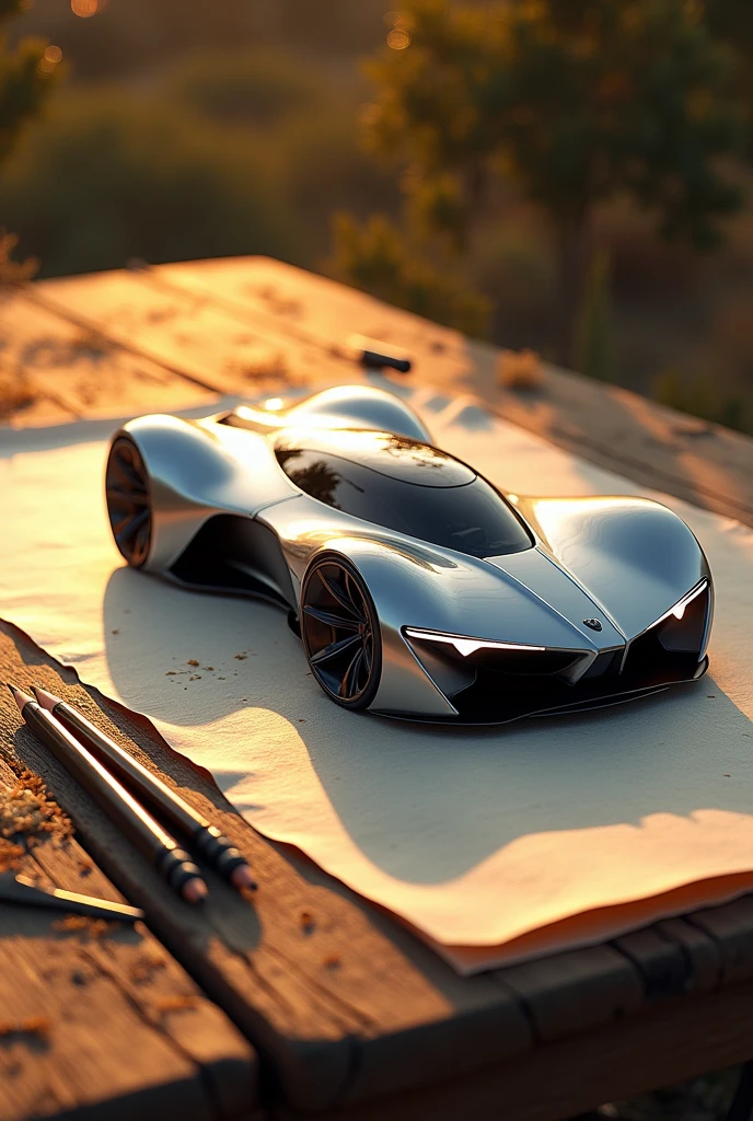 Old paper on a wooden table, sunset lighting, On the paper there is a design of a modern car of the future, pencils lying on the table