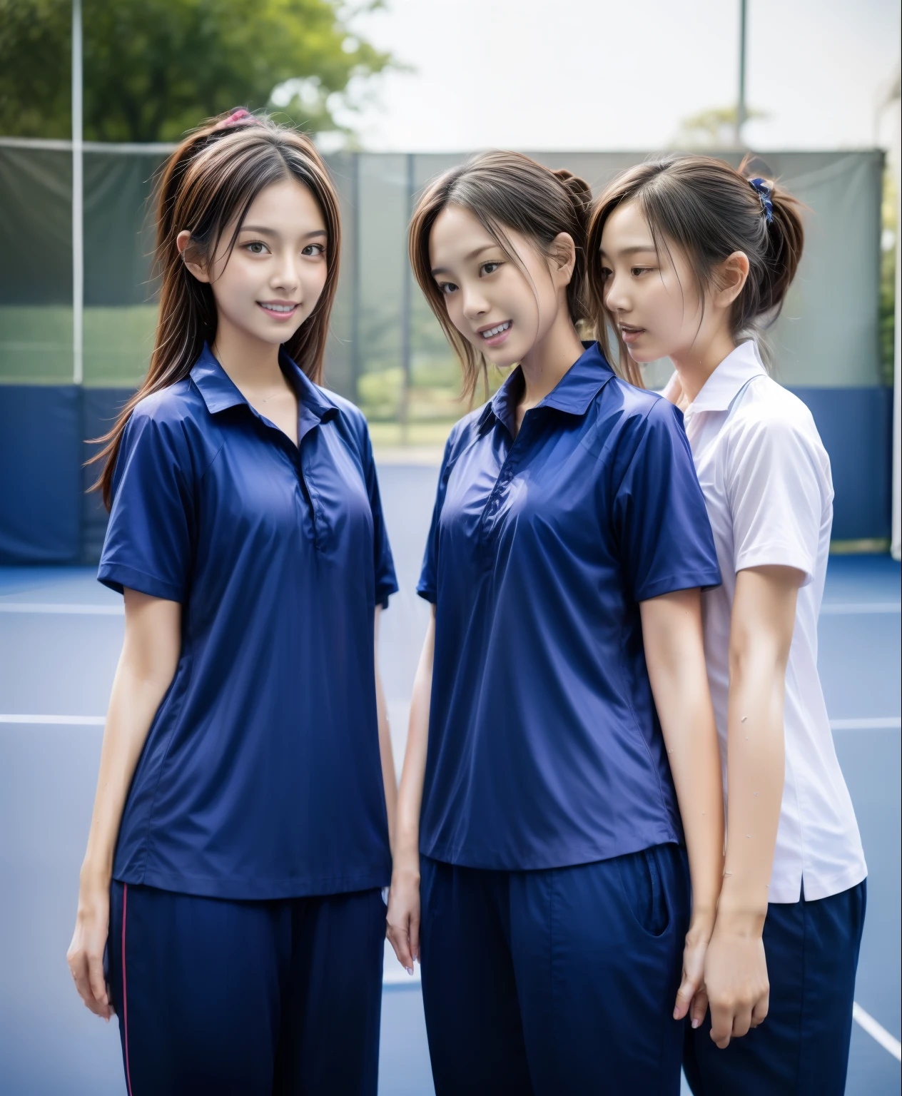 3 girls play tennis at tennis courts, Navy blue short-sleeved shirt,Navy Long Trackpant,Sweatpants, Sweatpantsขายาว,2 girl, lesbian, sexy, exercise clothes, wet body, exercise clothes