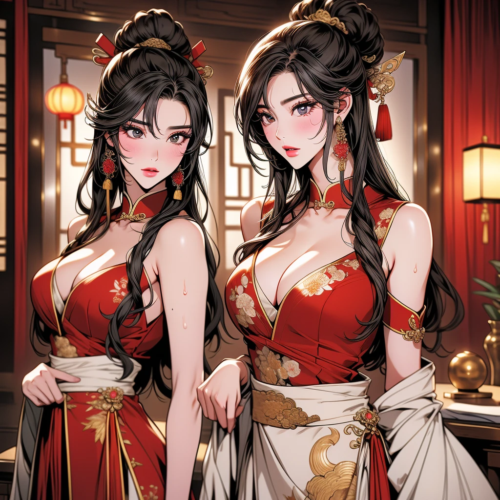 (((best quality))),(((masterpiece))),(((detailed))),(((high resolution))),(((Beautiful and beautiful work: 1.5))),(超high resolution),(((detailedな背景)))8K, RAW photos, best quality,32K,masterpiece,Ultra HD,Fine and beautiful hair, Eyes and face,((Chinese ancient guest room)),Pretty Face,((blush, Sweat)), Clear white,(Chinese Hanfu cleavage),(超detailed, whole body)