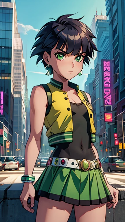 (Teens:1girl: ppgzbtc), (extremely detailed CG unit 8k wallpaper),(master part), (best quality), (ultra detail), (best illustration),(city-scene-aso), cowboy shot, (Sharp eyeliner, ombre, detailed eyes:1), night, cyberpunk city, outdoor, ,break , (DcauGirls) - lora Style), upper body, green eyes, short hair, earrings, yellow vest, green skirt